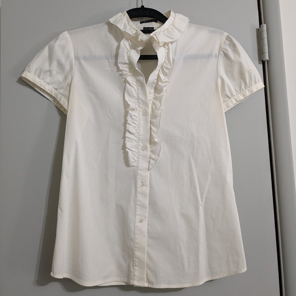 Theory White Ruffle Button Down